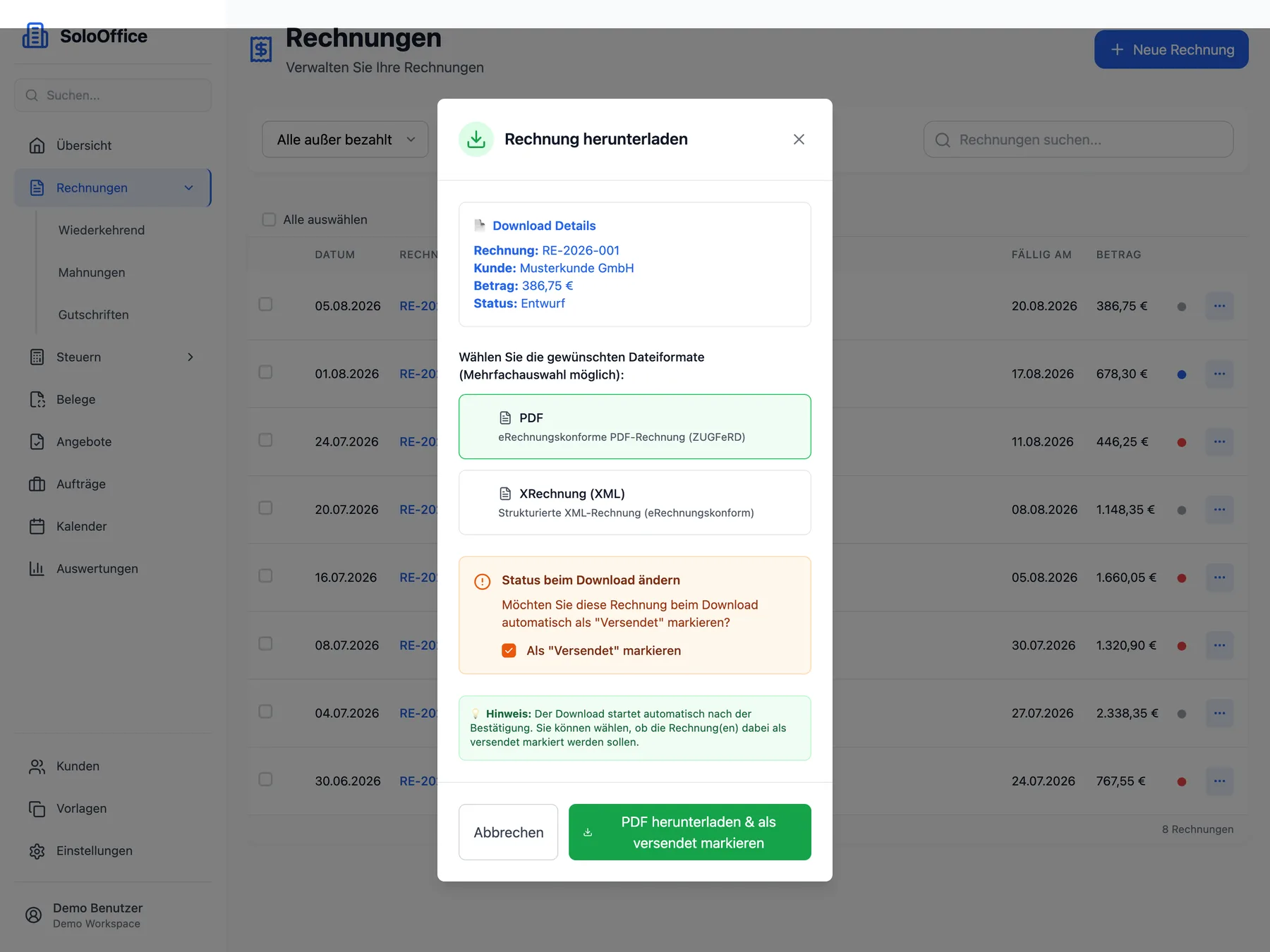 Auswahldialog beim Rechnungsdownload mit den Formaten PDF als ZUGFeRD und XRechnung als XML