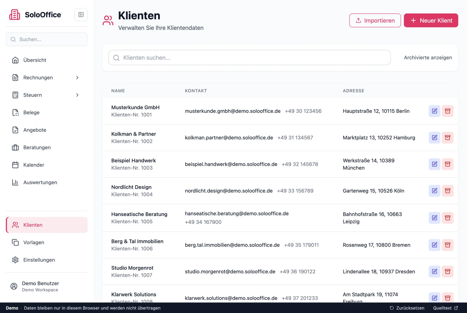 Dieselbe Liste mit der Überschrift „Klienten“, Klienten-Nummern und dem Seitenleisteneintrag „Beratungen“