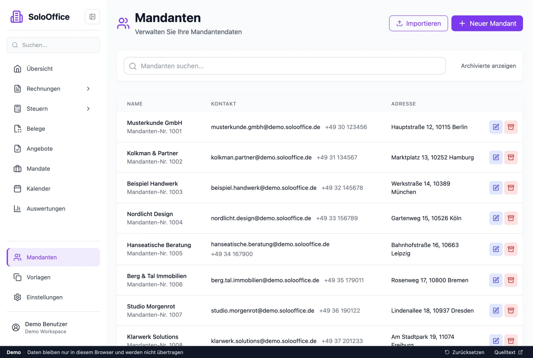 Dieselbe Liste mit der Überschrift „Mandanten“, Mandanten-Nummern und den Seitenleisteneinträgen „Mandate“ und „Mandanten“