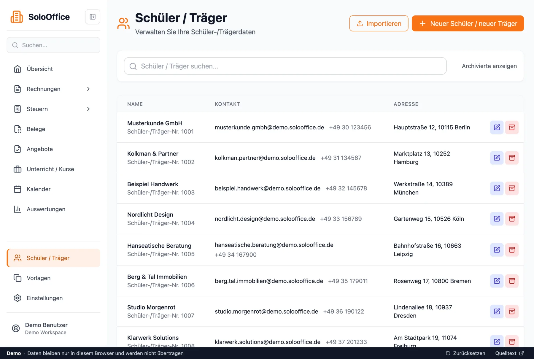 Dieselbe Liste mit der Überschrift „Schüler / Träger“ und dem Seitenleisteneintrag „Unterricht / Kurse“